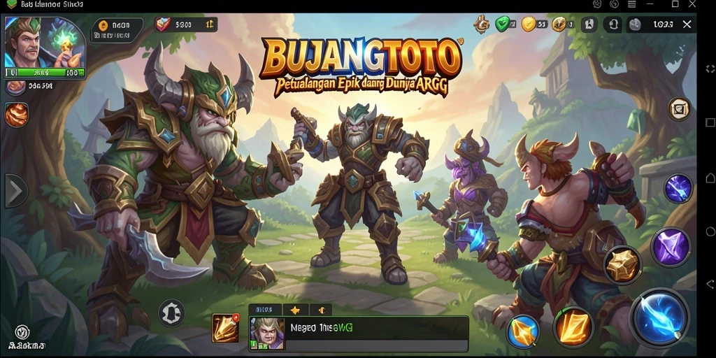 Screenshot utama BUJANGTOTO menunjukkan pertarungan epik di dunia fantasi.