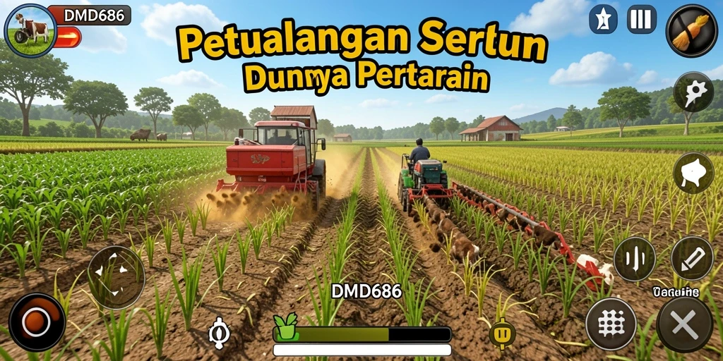 Screenshot DMD686 menunjukkan suasana pertanian yang kaya akan warna dan aktivitas.