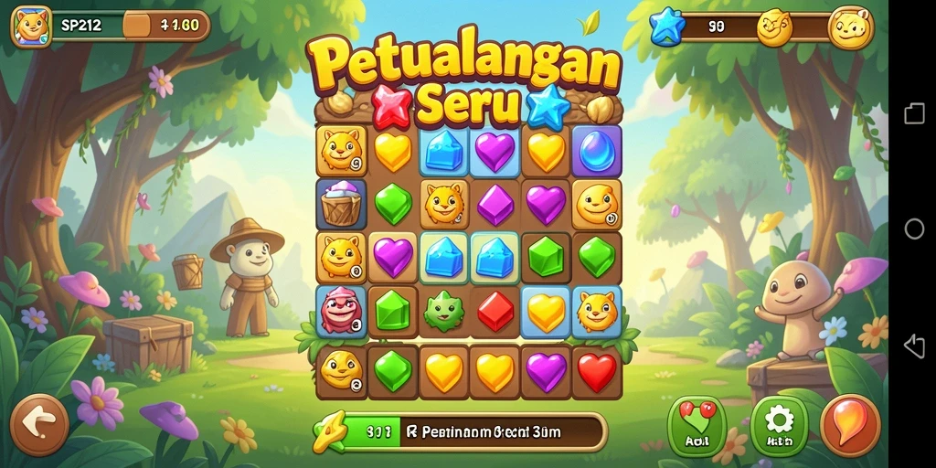 Tangkapan layar SP212 menampilkan gameplay seru dengan pencocokan permata.