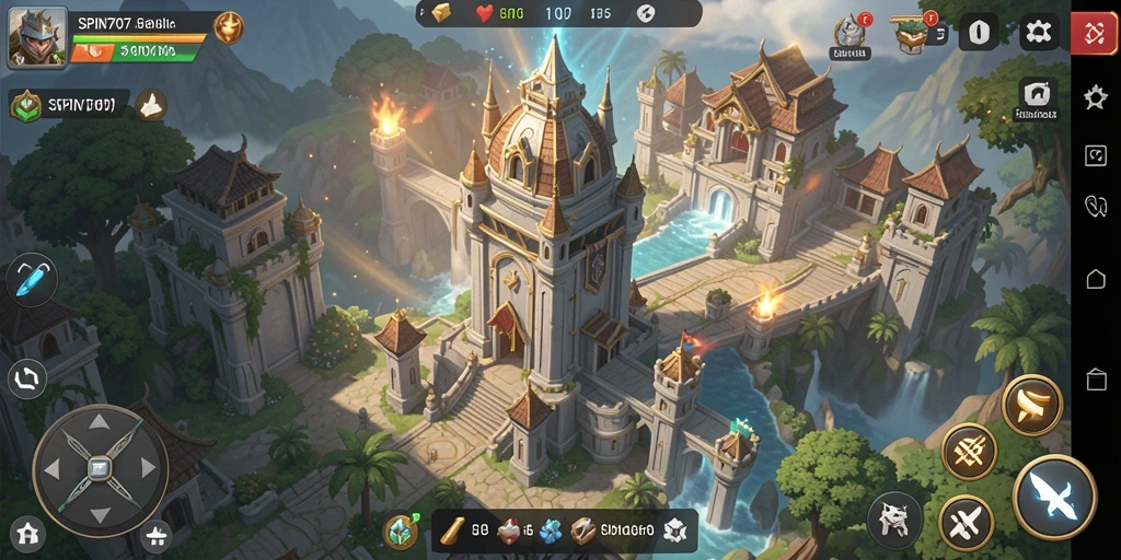 Tampilan gameplay SPIN707 dengan menara bertahan melawan gelombang musuh.